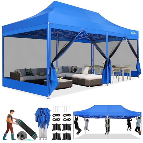 COBIZI 10x20 Canopy Tent, Heavy Duty Pop up Canopy with Sidewalls, Waterproof Easy Setup Canopy with Mosquito Netting, Outdoor Instant Screen Tents for Parties, Wedding with Roller Bag, Blue - color: Blue, size: 10x20FT