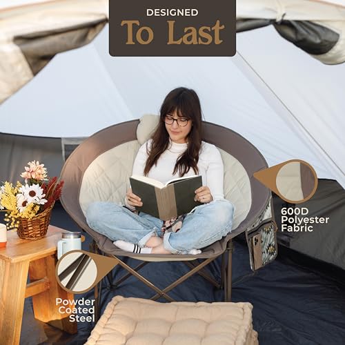 CORE Oversized Papasan Saucer Chair | Foldable Moon Lounge Chair with Cupholder & Storage Pocket for Indoor Home or Outdoor Camping | Perfect for Concert Seat, Sports, Beach, Travel & Picnic - color: Mocha Latte