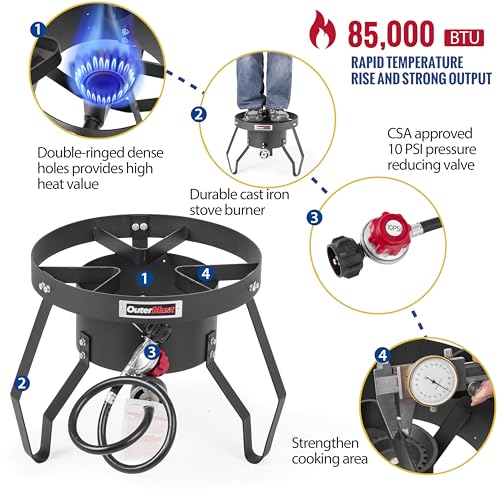 85000 BTU Camping Stove for Cast Iron Dutch Oven,Single Propane Burner with 10 PSI Regulator & Cast Iron Braided Holes, Heavy Duty Round Gas Stove for Outdoor Cooking & Camping - size: Single Burner - Standard