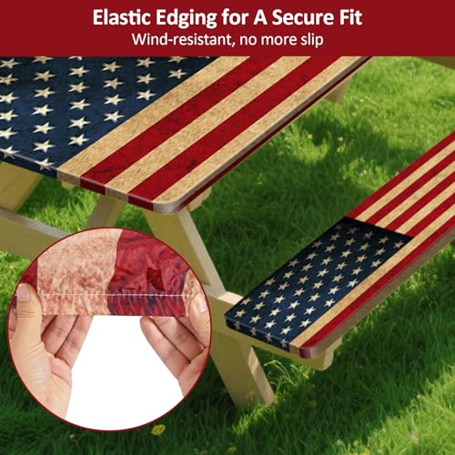 Picnic Table Cover with Bench Covers 6FT 3PCS, Camping Essentials Waterproof Windproof Tablecloth with Drawstring Bag, Fitted Rectangle Tables and Seats, 72", US Flag - color: Us Flag, size: 72"