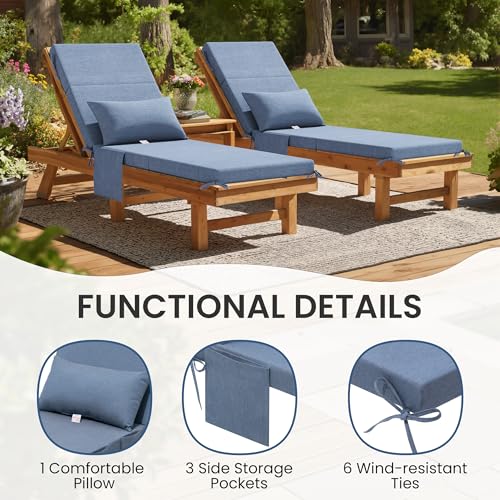 Crestlive Products Sunbrella Foldable Outdoor Chaise Lounge Cushions with Head Pillow and Side Pockets, Water Repellent & Fade Resistant Lounge Chair Cushion, 72''L x 21''W, Set of 2, Denim Blue - color: Sunbrella|blue, size: 72"l X 21"w