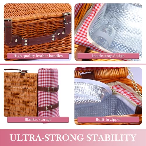 Neti Neti Wicker Picnic Basket for 4 with Insulated Cooler & Waterproof Blanket – Large Willow Picnic Hamper for Outdoor, Camping, Beach, Romantic Dates, Valentine’s Day - color: Red Plaid