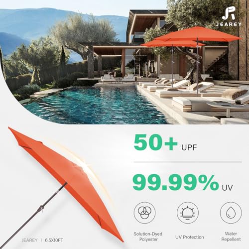 JEAREY 6.5x10 ft Rectangular Patio Umbrellas Rectangle Outdoor Umbrella with Push Button Tilt and Crank, Market Table Umbrella 6 Sturdy Ribs UV Protection for Poolside Garden Backyard Deck, Orange - color: Orange