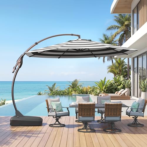 Grand patio 12FT Outdoor Round Offset Umbrella Large Patio Aluminum Cantilever Umbrella with Base for Garden Deck Poolside (Black & White, 12 FT) - color: Black & White, size: 12 FT