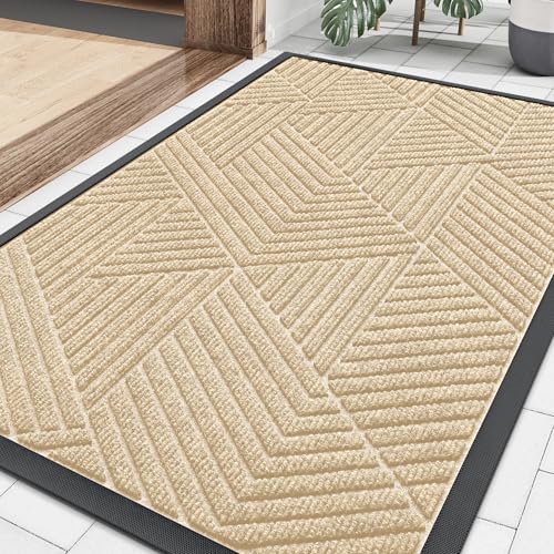 Smiry Front Door Mat Outside Entrance, Heavy Duty Sturdy Natural Rubber Doormat, Trap Dirt and Moisture, Easy Clean Low Profile Mats for Indoor Outdoor Entry, Irregular Triangle (29.5x17, Beige) - color: Beige, size: 29.5" X 17"