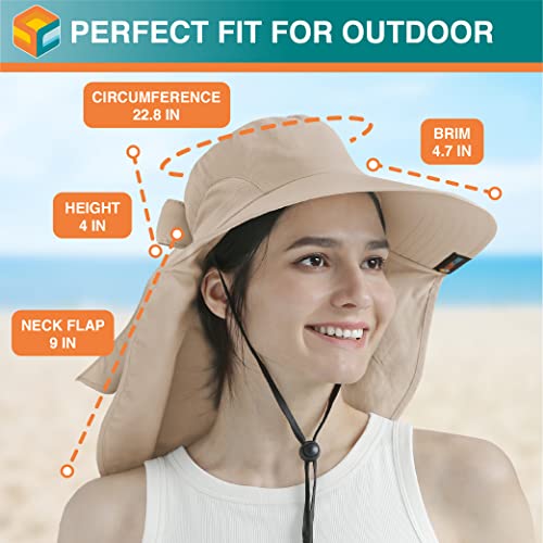SUN CUBE Wide Brim Sun Hat with Neck Flap, UPF50+ Hiking Safari Fishing Hat for Men Women, Sun Protection Beach Hat - color: Tan With Bow