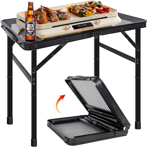 HPC Decor Folding Grill Table-Camping Table with Mesh Desktop,Portable Picnic Table with Carry Handle,27/56cm Height Adjustable Metal Table-Outdoor Grill Table,Folding Table for Outside Inside Use. - size: 2*1.8FT
