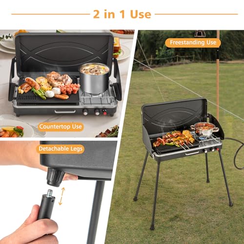 Giantex Portable Propane Grill & Camping Stove, 20,000 BTU Gas Camping Grill Burner, Independent Temperature Control, 3-Sided Wind Guard, Detachable Legs, for BBQ, Tailgating, Outdoor Cooking (Black) - color: Black