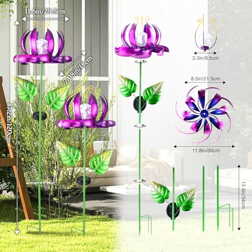 Solar Yard Lights Wind Spinners- Metal Lotus Flower Garden Decor LED Crackle Glass Globe Yard Art Sculpture Solar Stake Lights for Patio Pathway Lawn Walkway (Purple-Large) - color: Purple-large