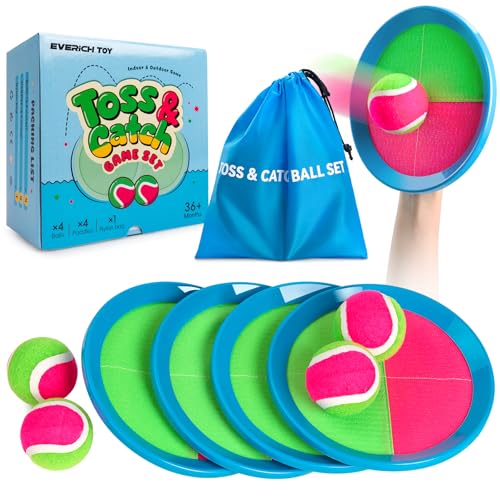 Toss and Catch Ball Game Set, Sticky Ball Paddle Catch Game for Kids, Summer Outdoor Backyard Beach Pool Yard Toy Gift for Boys Girls Ages 3-12 - color: Pink Green, size: 4 Paddles 4 Balls