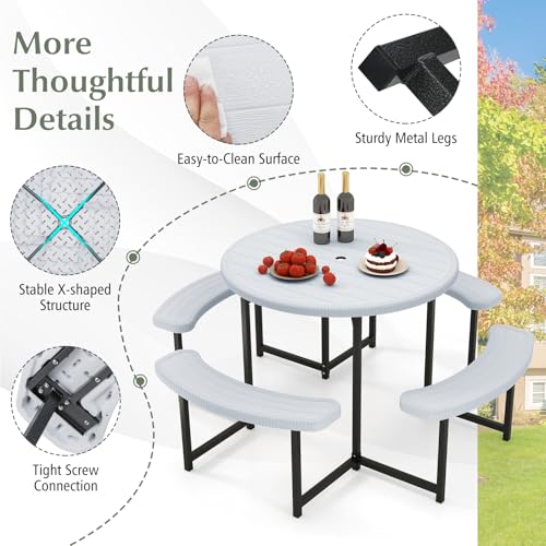 Byroce 8-Person Picnic Table for Outdoors, HDPE Picnic Table Set with 4 Benches, Umbrella Hole & Metal Frame, Heavy Duty Round Dining Table Chairs for BBQ Party in Patio, Yard & Poolside (White) - color: White