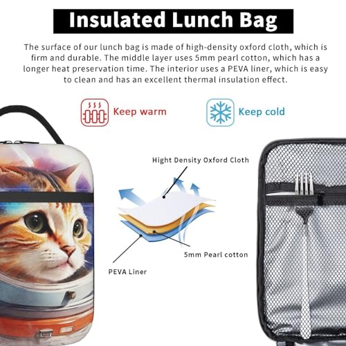 Cute Astronaut Cat Space Cool Insulated Lunch Bag Portable Reusable Zipper Lunch Box For Men Women Work Picnic Travel Camping - color: Black26