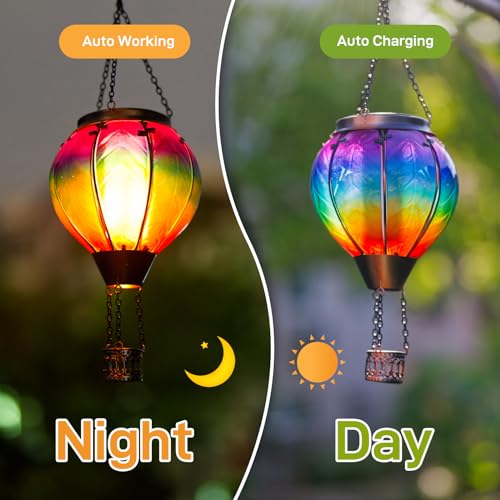 Solar Hot Air Balloon Lantern with Flame, Hanging Glass Hot Air Balloon Solar Lantern Waterproof, Decorative Outdoor Hot Air Balloon Solar Light for Outside Garden Patio (Purple Gradient) - color: Purple Gradient