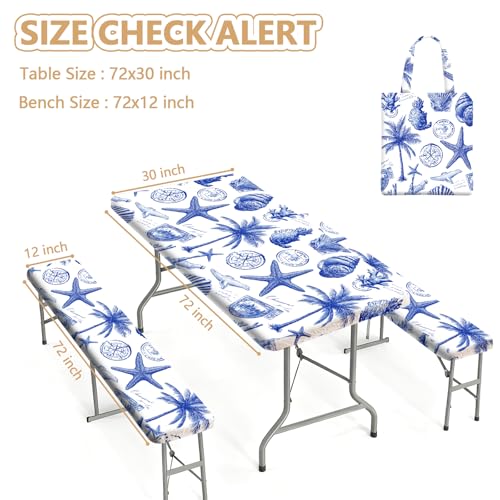 Picnic Table Cover with Bench Covers Elastic Edges, Outdoor Patio Camping Essentials 72 Inch 3PCS, Waterproof Camping Fitted Tablecloth with Handbags (Vintage ocean theme) - color: Ocean Elements, White