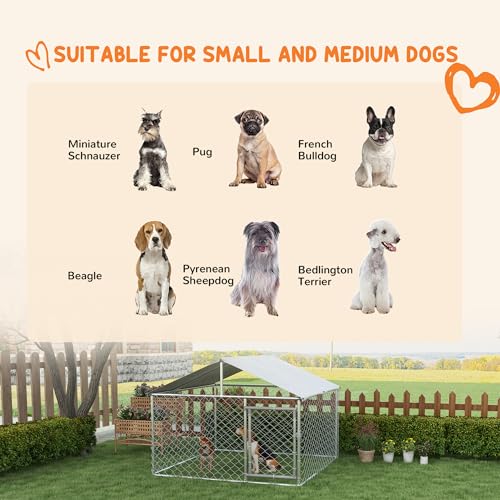 PawHut Outdoor Dog Kennel, Heavy Duty Dog Run Outdoor Fence with Waterproof Cover, Galvanized Chain Link, Secure Lock, for Large Breeds, Chickens, Ducks, 6.5' x 6.5' x 5' - size: 78.7"L x 78.7"W x 59.1"H