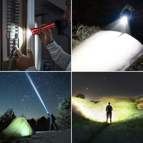 WdtPro LED Rechargeable Flashlight 2 Pack, 3 Modes Super Bright High Lumens Flashlights, Zoomable Tactical Flash Light with LCD Display, IP65 Waterproof Flashlights for Home Emergency Camping - Red - color: Red
