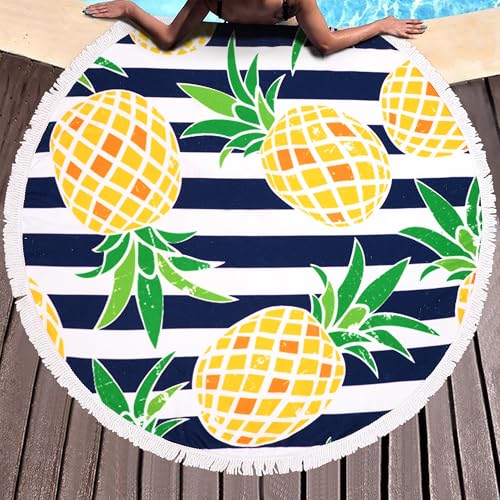 Benefeet Sox Beach Towel Large Round Mandala Pool Towels Tassels Microfiber Quick Dry Beach Blanket Throw Bohemian Roundie Swim Pool Circle Towel, 59 Inches - color: White Navy Striped Yellow Pineapple