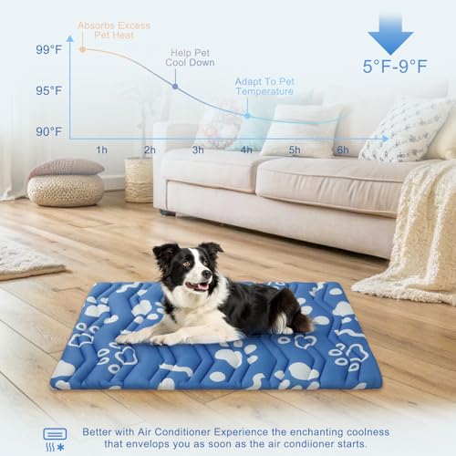 BEAUTYZOO Dog Cooling Mat- Upgraded Thicken Cooling Mat for Large Dogs Reversible(Cool & Warm) Pet Ice Cool Bed Washable & Portable, Summer Crate Pad for Big Dog Puppy Up to 44 lbs, Paw Blue 36X23IN - color: Navy Blue, size: 36.0"L x 23.0"W x 1.0"Th(M)
