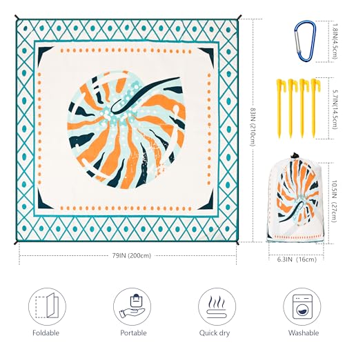 HIHOHO Beach Blanket Waterproof Sandproof Extra Large Beach Mat 79" X 83"/120"x108"for 1-8 Adults Quick Drying Durable Outdoor Picnic Mat for Beach Travel Camping Hiking - color: Colorful Round Shell - Lace Pattern, size: 79" X 83"（1~3 person）