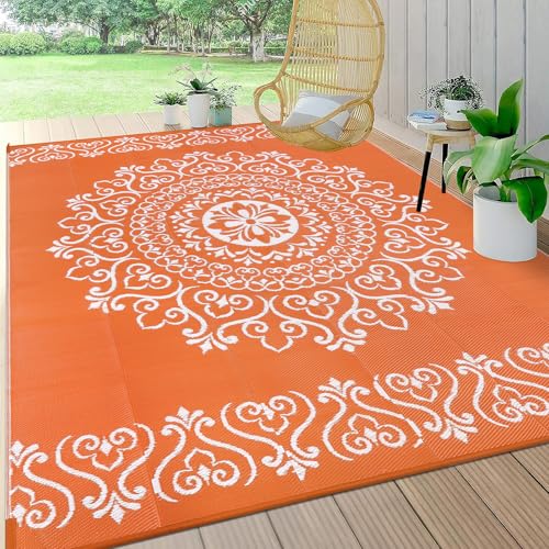 Pauwer Waterproof Outdoor Rug 6x9, Reversible Plastic Straw Patio Camping Rug, Indoor Outdoor RV Mat Carpet for Deck, Camper, Porch, Balcony, Backyard, Picnic, Floral Orange - color: Floral Orange, size: 6' x 9' (Rectangular)