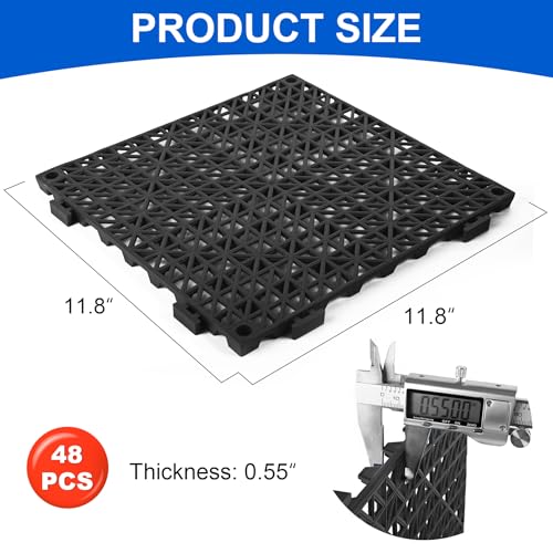 MYFAMIREA Modular Interlocking Cushion 48 Pack 11.8" x 11.8" Rubber Floor Tiles Non-Slip Splicing Drainage Mats for Deck, Black - size: 48 Pcs