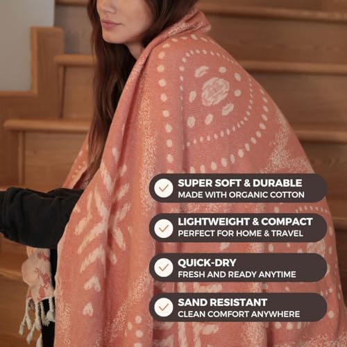 FESHKA Sand Proof Turkish Beach Towel – Oversized, Quick Dry & Lightweight Travel Towel - 100% Organic Cotton Beach Blanket - Perfect for Bath, Pool & Picnic | Damask (Rust/Beige) - color: 14 - Rust/Beige