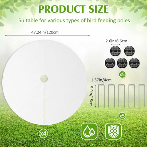 Tinideya 4 Pcs PVC Shepherd's Hook Bird Droppings Mat 47.24" Round Bird Feeder Mat with 8 Ground Spikes Intercepts Birds Droppings Spilled Feed for Protect Lawns Garden