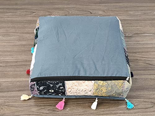 Mam Treasures Indian Bohemian Decorative Pillow Vintage Cushion Cover Patchwork Square Floor Pillow Cover Meditation Cushion Large Floor Pillow Indian Cushion (Gray, 18 X 18 X 5 Inch) - color: Gray, size: 18" x 18" (Pack of 1)
