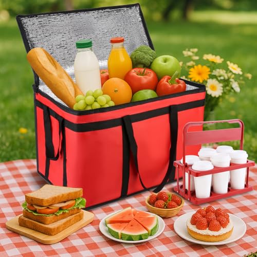 Cooler Insulated Food Delivery Bag & Drink Carrier with Hard Bottom, XXX-Large Grocery Catering Travel Thermal Frozen Carrier, Pizza Bags for Commercial Delivery, Cold Warmer Accessories - color: Red Bag with Drink Carrier, size: 23" x 14" x 15"