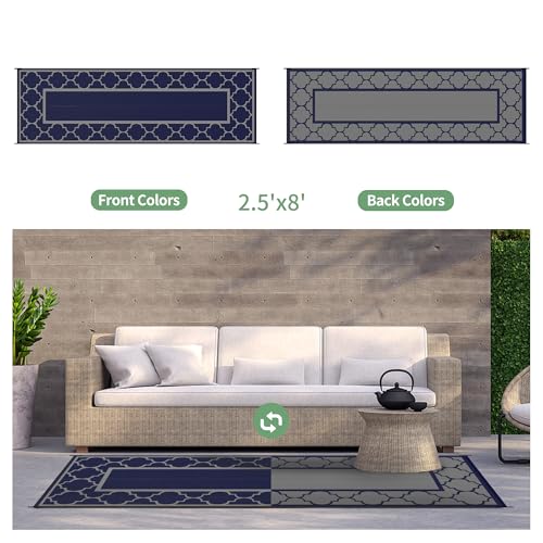 GENIMO 2.5 ' x 8 ' Outdoor Rug for Porch Patio Clearance, Waterproof Indoor Outdoor Plastic Straw Rugs Carpet, Reversible Outside Area Rv Mat for Camping, Balcony, Deck, Picnic, Beach (Blue & Gray) - color: Blue & Grey, size: 2'6" x 8' (Runner)