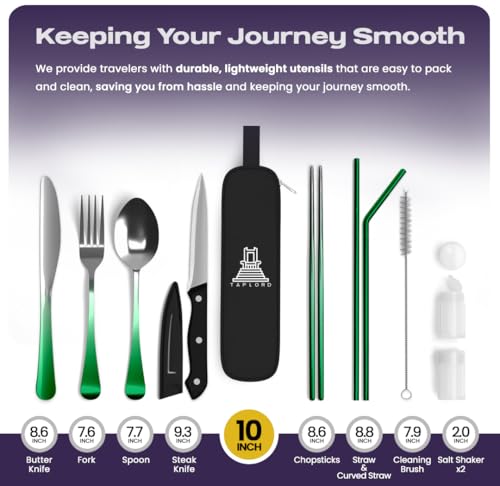 Taplord Portable Travel Silverware Set With Case - Includes 10 Pcs of Utensils, Stainless Steel Flatware For Camping, Easy to Travel, Lightweight (Green Two Tune) - color: Gradient Green, size: 10 Pieces