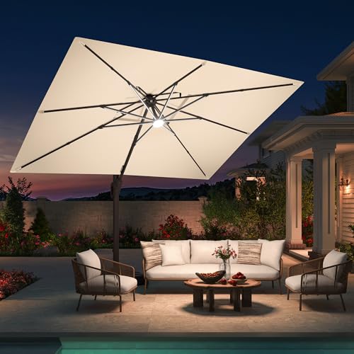 10 X 13 FT Cantilever Patio Umbrella with Led Lights Outdoor Rectangle Offset Large Double Top Heavy Duty Umbrellas with 360°Rotation for Pool Deck Backyard Garden, Beige - color: Beige, size: 10×13 Ft Without Base