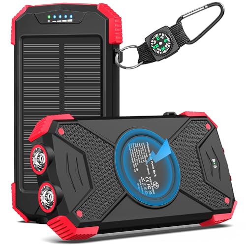 BLAVOR Solar Power Bank 10,000mAh, Portable Wireless Charger, 20W Fast Charging External Battery Pack with USB C for Cell Phones, Solar Panel Charging with Dual Flashlight for Camping - color: Red