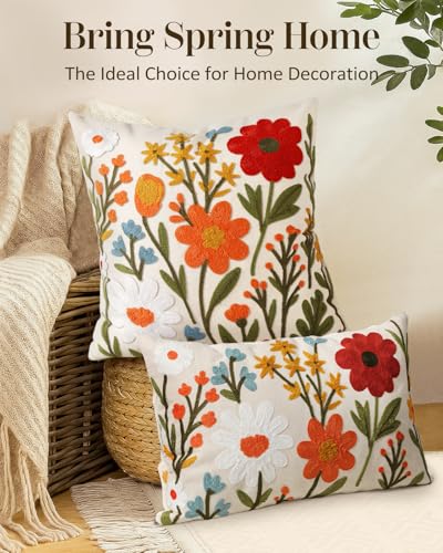 Embroidered Throw Pillow Cover 20x20 Inch - Spring Summer Boho Decorative Pillow Cover with Zipper for Living Room Couch Sofa Bed Aesthetic Design Flower Cluster Cushion Pillowcase - color: Flower Cluster, size: 20" x 20" (Pack of 1)
