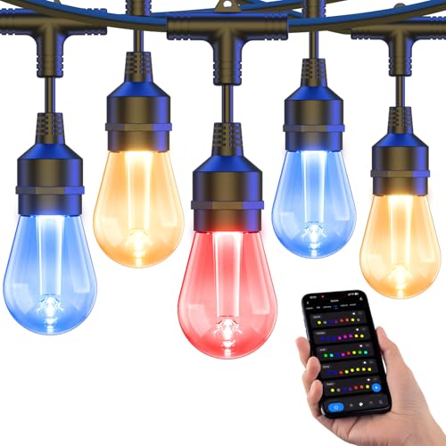 XMCOSY+ Outdoor String Lights Smart, 49Ft RGBCWIC Patio Lights Waterproof, App Control, Compatible with Alexa, Color Changing LED String Light for Outside Yard Garden Porch - size: 49Ft-Classic Bulb