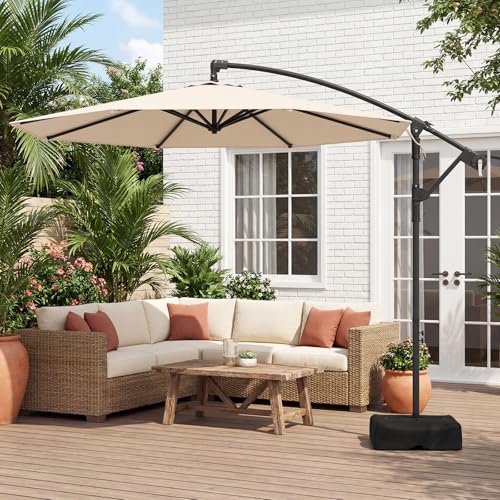 Tangkula 10ft Patio Umbrella with Base Included, Offset Cantilever Outdoor Umbrella with 360 Degree Rotation, Crank Handle, Sun-Protective Canopy for Pool Deck Garden Backyard (Beige) - color: Beige, size: 10 FT