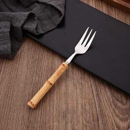 8 PCS Small Fork, 6.3 Inches Stainless Steel Dessert Forks with Bamboo Handle, Kitchen Flatware Cutlery Set, Use for Tasting Cakes Fruits and Appetizer, Mirror Polished - color: 8-Piece Cake Fork