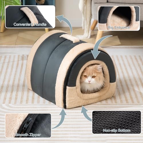 Hollypet Cat Bed Self-Warming 2 in 1 Foldable Kitty Cave Hut House Nest Pet Sleeping Bed, Crystal Velvet Pet Condo for Indoor Cats, Dark Gray Arched Cave - color: Dark Gray Arched Cave