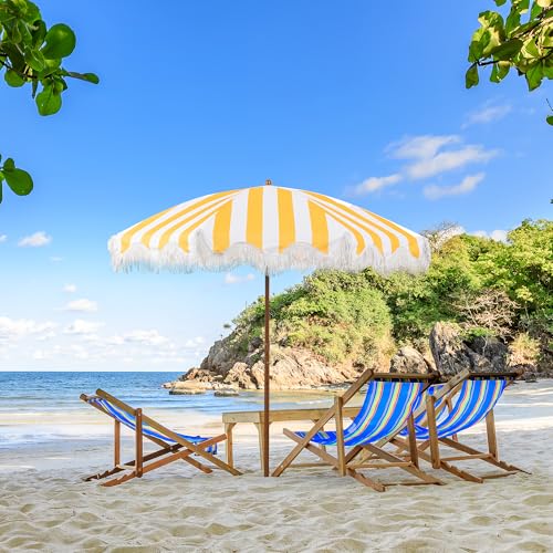 Rayjee 6.5FT Patio & Beach Umbrella with Fringe, Outdoor Sun Umbrella with Tilt & Adjustable Height, Aluminum Pole Market Umbrella for Garden, Deck, Pool & Beach - color: Yellow and white stripes