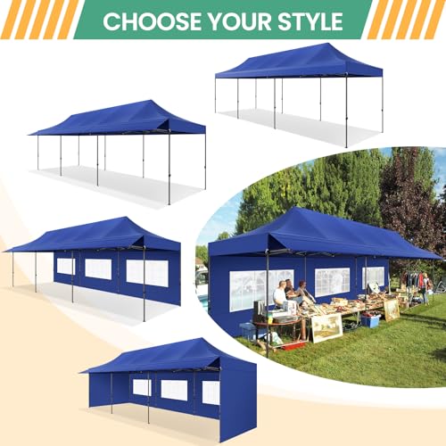 COBIZI 10x30 Pop Up Canopy Tent with Awning & Sidewalls, Heavy Duty Commercial 10X30 Canopy Tents Instant Waterproof, UPF 50+ Sun Shade for Outdoor, Parties, Markets (Deep Blue) - color: Deep blue, size: 10x30FT with 5 Sidewalls & 3 Awning Cloth