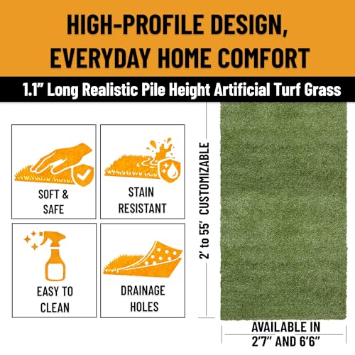 Ottomanson 2'7" x 32' Artificial Faux Grass Rug - Realistic Turf with UV Protection - Perforated for Easy Drainage - Durable, Hose-Off Synthetic Lawn Carpet for Indoor & Outdoor Use, Green - size: 32-ft
