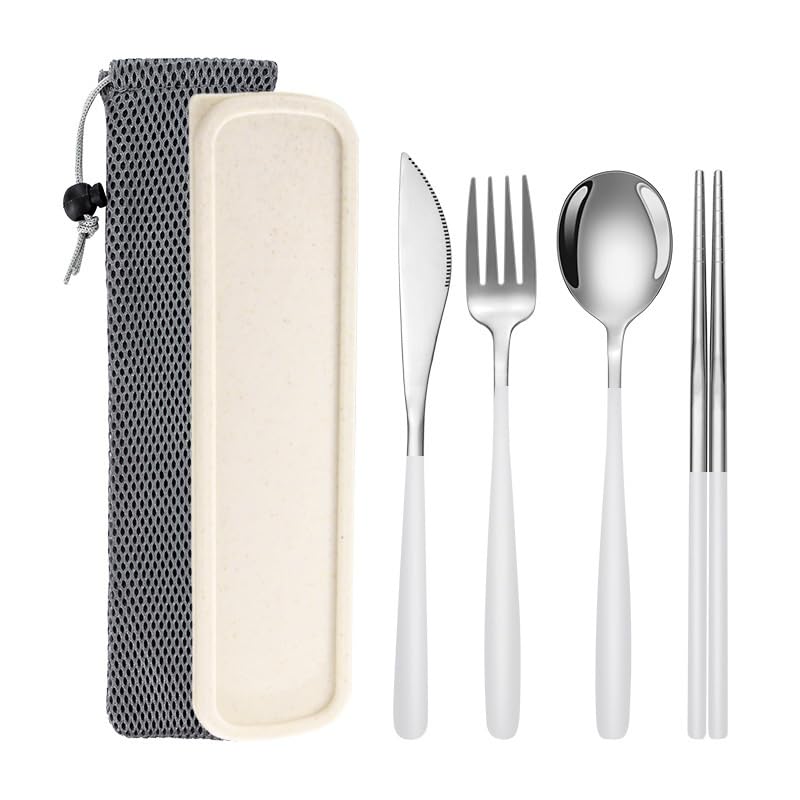Portable Camping Utensil Set - 18/8 Stainless Steel Travel Silverware with Compact Case - Reusable Knife Fork Spoon Chopsticks Kit for Hiking, Picnic, Backpacking & Outdoor Eating (Silver White) - color: Silver White