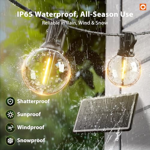 addlon 25FT Solar Powered Outdoor String Lights Waterproof with Remote, G40 Solar Powered String Lights with 13 LED Shatterproof Bulbs, 3 Light Modes, Dimmable Solar Lights for Outside Bistro Cafe - size: 25FT