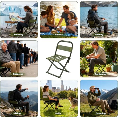 Portable Camping Chair, Full Steel Frame Folding Stool with Back, 400LBS Capacity Military Green Outdoor Chair for Adults, Heavy-Duty Webbing Seat, Compact Foldable Design for Hunting, Fishing, Hiking