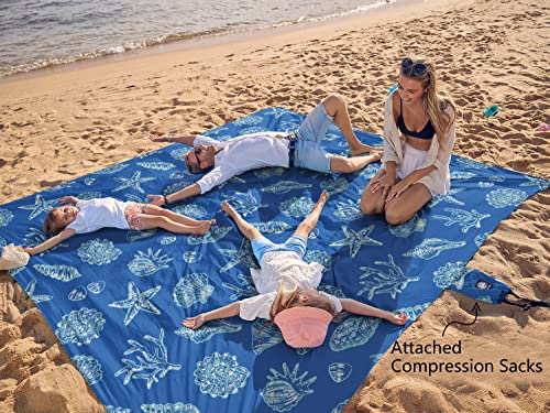 WEKAPO Beach Blanket Waterproof Sandproof Oversized, Extra Large Beach Mat Sand Free, Lightweight & Compact Sand Free Mat with 5 Stakes & 4 Corner Pockets - color: Blue Sea Shells, size: 8 x 7 FT (1～4 person)