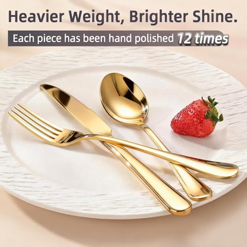 60 Piece Gold Silverware Set for 20, 18/0 Stainless Steel Heavy Forks Spoons and Knives Set, Mirror Finish Gold Flatware, Dishwasher Safe for Family Picnics Daily Gatherings - color: Gold