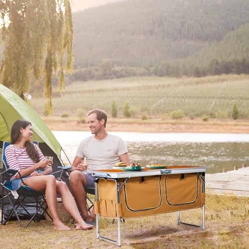 VINGLI 4 Ft Folding Table, Aluminum Camping Table, Picnic Table with Storage, Adjustable Height for Outdoor Beach BBQ Backyards Travel Party (Brown) - color: Brown