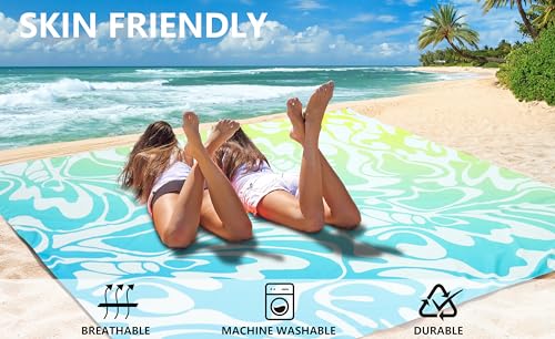 WIWIGO Beach Blanket Waterproof Sandproof Beach Mat 79" X 83"/10'x9'for 2-8 Adults Quick Drying Outdoor Picnic Mat Beach Accessories for Travel, Camping, Hiking - color: Big Flower-blue and Green Gradient, size: 79" X 83"（1-4person）