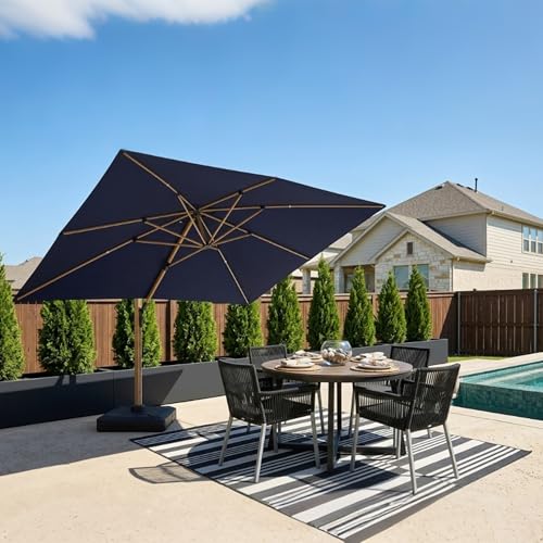 PURPLE LEAF 10‘ x 13’ Rectangle Patio Cantilever Umbrella Large Hanging Umbrella Teak Finished Aluminum Frame Windproof Offset Outdoor Sun Umbrellas for Beach Pool Deck, Navy Blue - color: Navy Blue / Umbrella Only, size: 10' x 13'