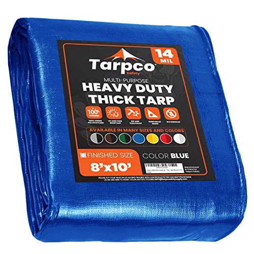 Extra Heavy Duty 14 Mil Tarp Cover, Waterproof, UV Resistant, Rip and Tear Proof, Poly Tarpaulin with Reinforced Edges for Roof, Camping, Patio, Pool, Boat (Blue 8′ X 10′) - color: Blue-14 Mil, size: 8′ X 10′